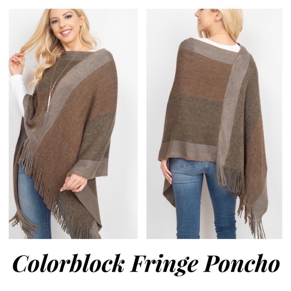 NEW 🍁 Fringe Poncho / Colorblock - Picture 1 of 2